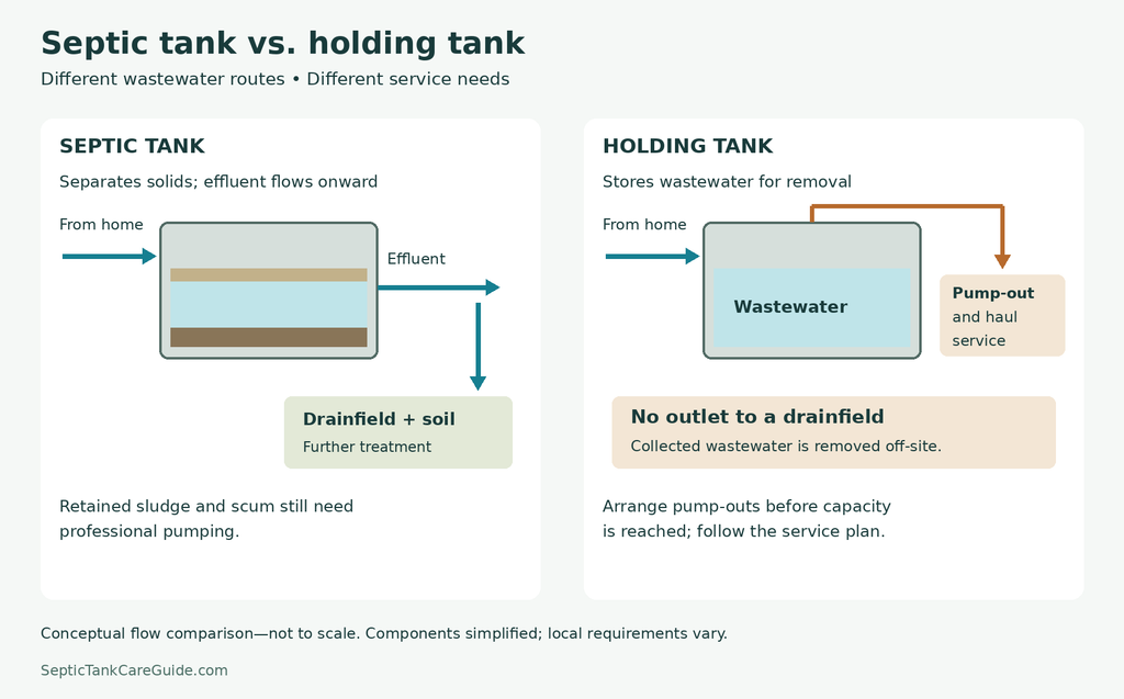 Septic tank sending effluent to a drainfield compared with a holding tank storing wastewater for professional pumping and off-site disposal.